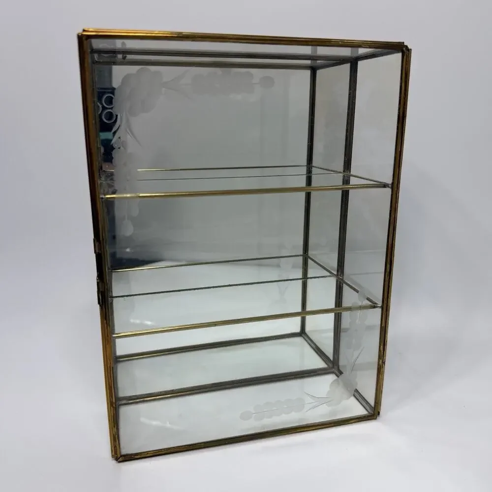 Brass Glass Mirror Curio Cabinet Shelf Wall Mount Table Top 10
